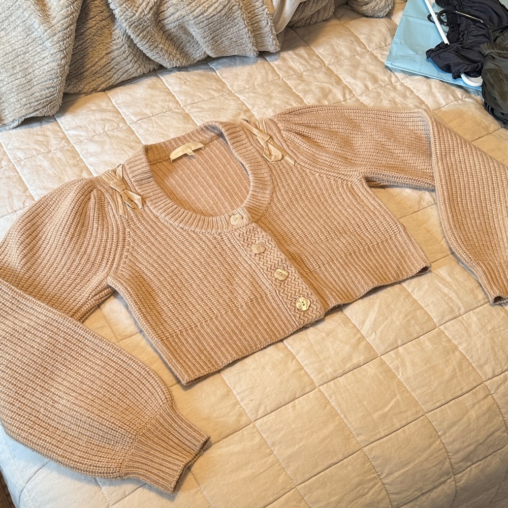 LoveShackFancy cropped cashmere Tan Knit Cardigan